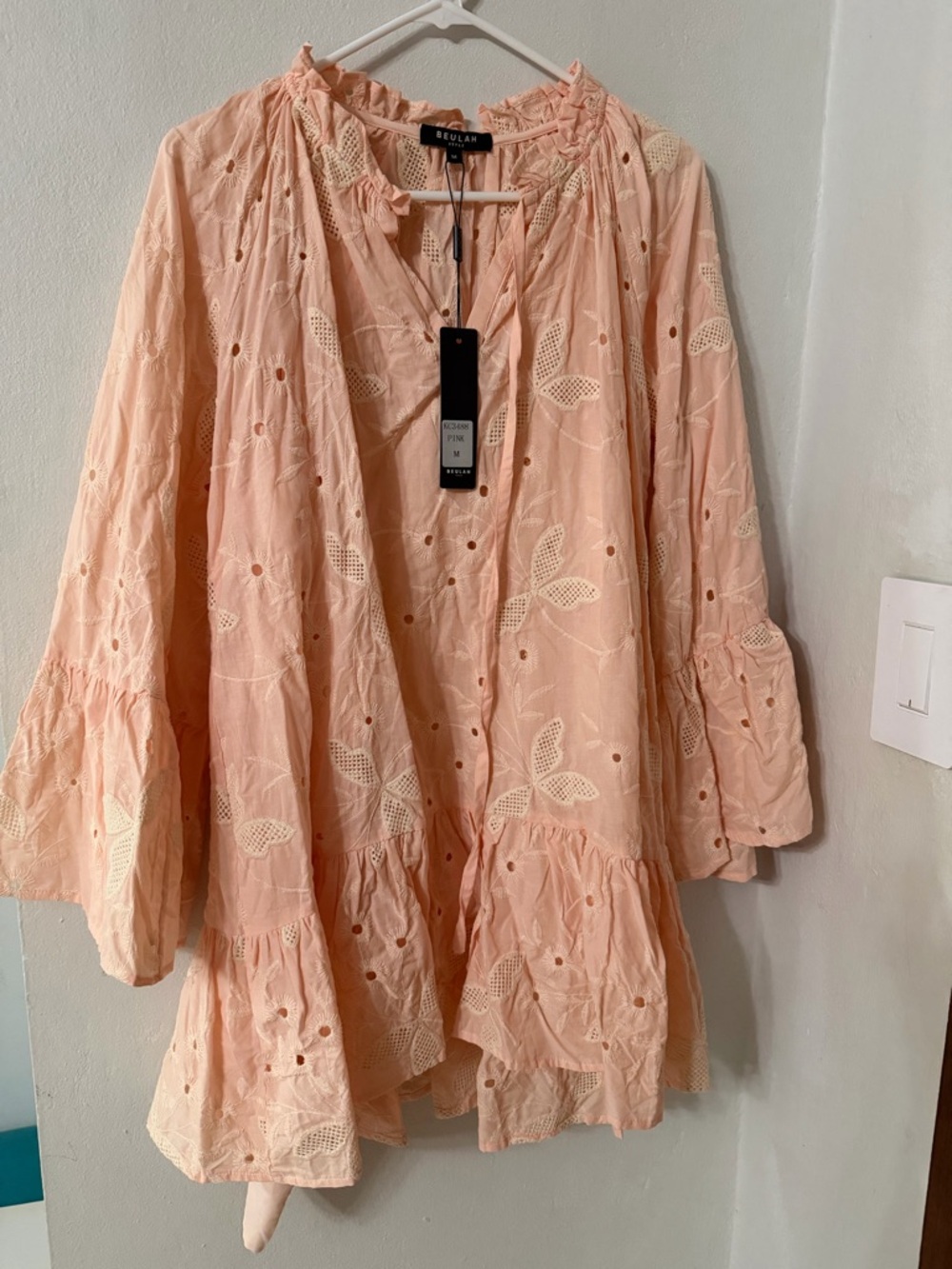Beulah Peach Eyelet Tiered Tunic Dress